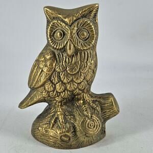 Vintage Owl on branch Figurine heavy Brass Paperweight decor 5"